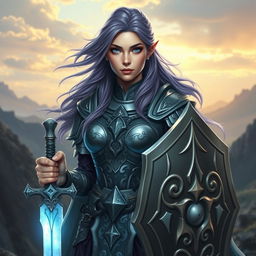 A regal female half-elf paladin characterized by her striking blue eyes and flowing purplish grey hair