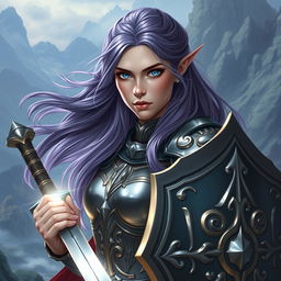 A regal female half-elf paladin characterized by her striking blue eyes and flowing purplish grey hair