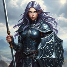 A regal female half-elf paladin characterized by her striking blue eyes and flowing purplish grey hair