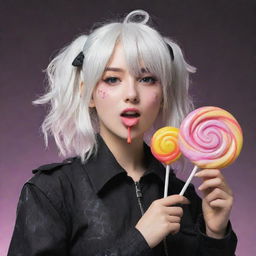 A bubbly white-haired anime girl wearing post-apocalyptic styled black clothing, happily eating a colorful lollipop.