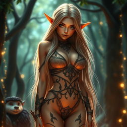 A seductive elf girl with big, alluring eyes and long, silky hair