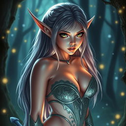 A seductive elf girl with big, alluring eyes and long, silky hair