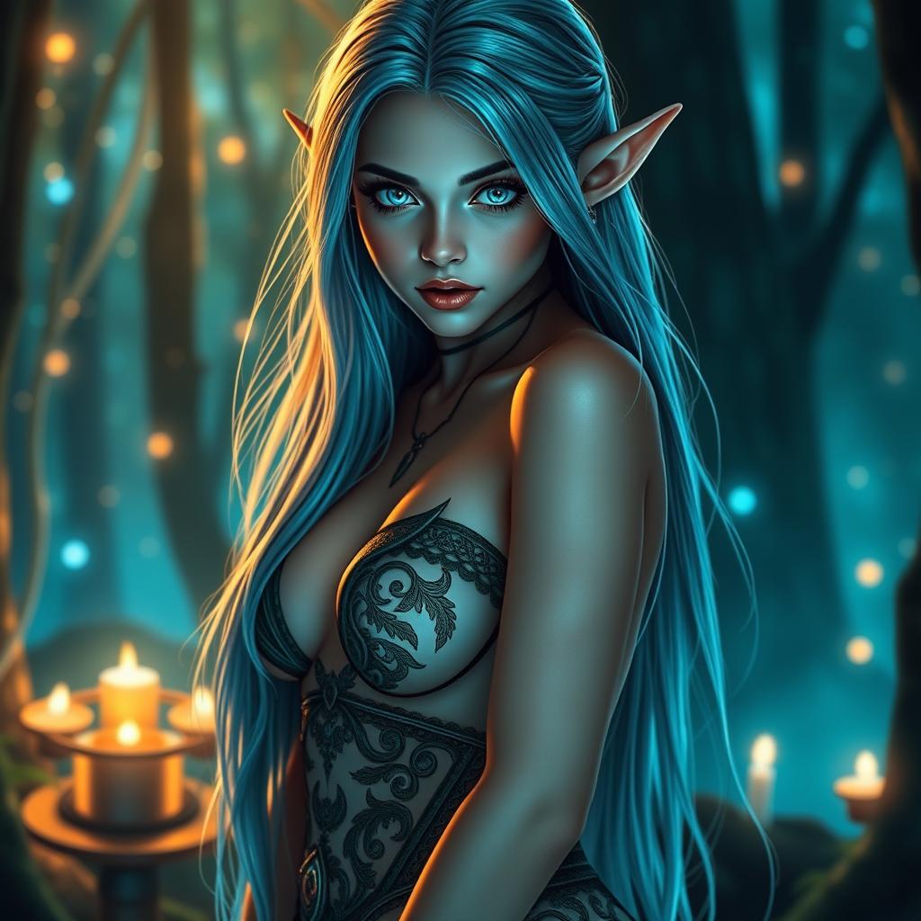 A seductive elf girl with big, alluring eyes and long, silky hair