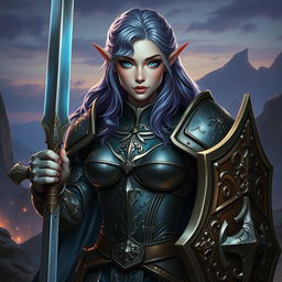 An imposing female half-elf paladin, her vivid blue eyes shimmering with determination, paired with purplish grey hair cascading around her shoulders