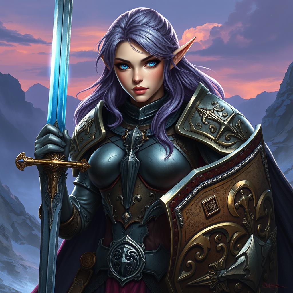 An imposing female half-elf paladin, her vivid blue eyes shimmering with determination, paired with purplish grey hair cascading around her shoulders