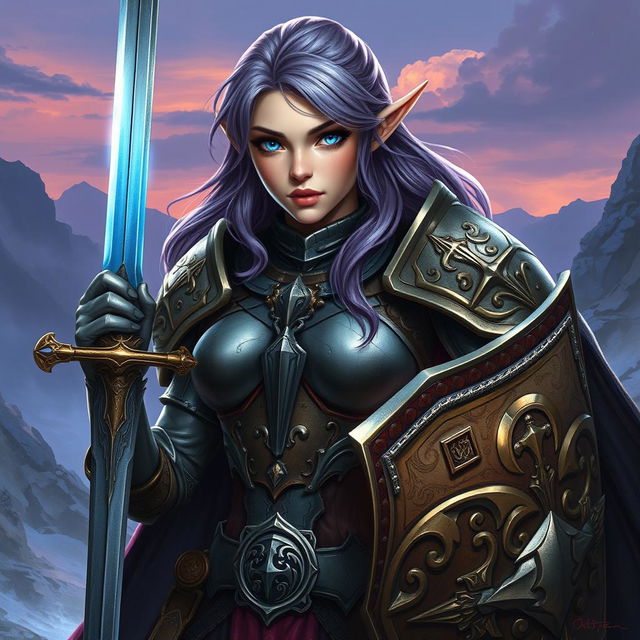 An imposing female half-elf paladin, her vivid blue eyes shimmering with determination, paired with purplish grey hair cascading around her shoulders