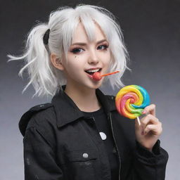 A bubbly white-haired anime girl wearing post-apocalyptic styled black clothing, happily eating a colorful lollipop.