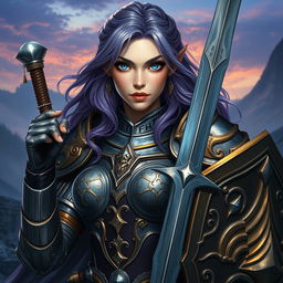 An imposing female half-elf paladin, her vivid blue eyes shimmering with determination, paired with purplish grey hair cascading around her shoulders