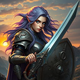 A striking female half-elf paladin with brilliant blue eyes and flowing purplish grey hair, adorned in intricately designed and battle-worn armor