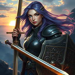 A striking female half-elf paladin with brilliant blue eyes and flowing purplish grey hair, adorned in intricately designed and battle-worn armor