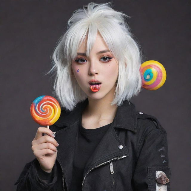 A bubbly white-haired anime girl wearing post-apocalyptic styled black clothing, happily eating a colorful lollipop.