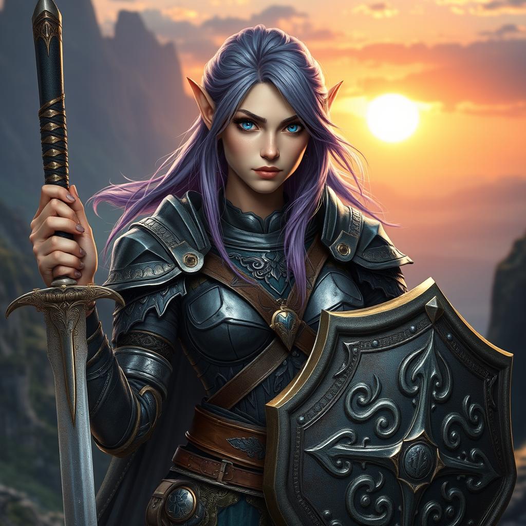 A striking female half-elf paladin with brilliant blue eyes and flowing purplish grey hair, adorned in intricately designed and battle-worn armor