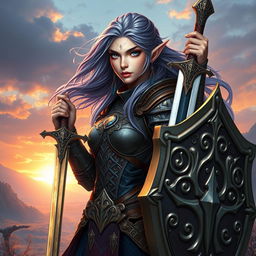 A striking female half-elf paladin with brilliant blue eyes and flowing purplish grey hair, adorned in intricately designed and battle-worn armor