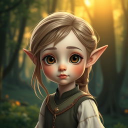 A young elf girl with petite features, characterized by her big, expressive eyes and delicate stature