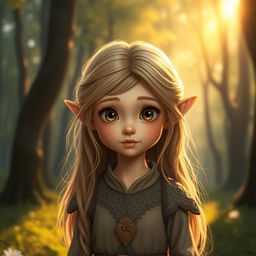 A young elf girl with petite features, characterized by her big, expressive eyes and delicate stature