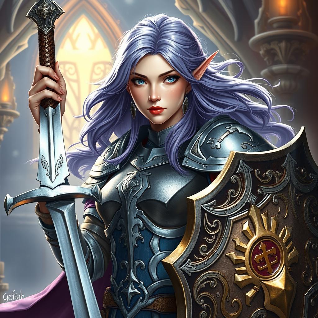 A formidable female half-elf paladin, notable for her piercing blue eyes and purplish grey hair that flows elegantly