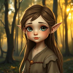 A young elf girl with petite features, characterized by her big, expressive eyes and delicate stature