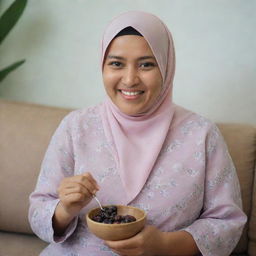 A 35-year-old Malay woman with a flowery hijab and a plain pastel blouse, sitting on a sofa, holding a spoon of dried olives, and smiling.