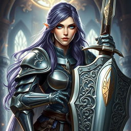 A formidable female half-elf paladin, notable for her piercing blue eyes and purplish grey hair that flows elegantly