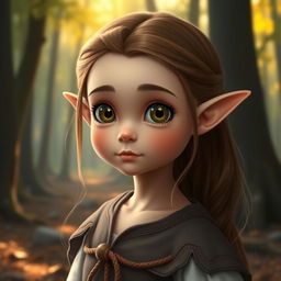 A young elf girl with petite features, characterized by her big, expressive eyes and delicate stature