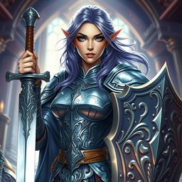 A formidable female half-elf paladin, notable for her piercing blue eyes and purplish grey hair that flows elegantly