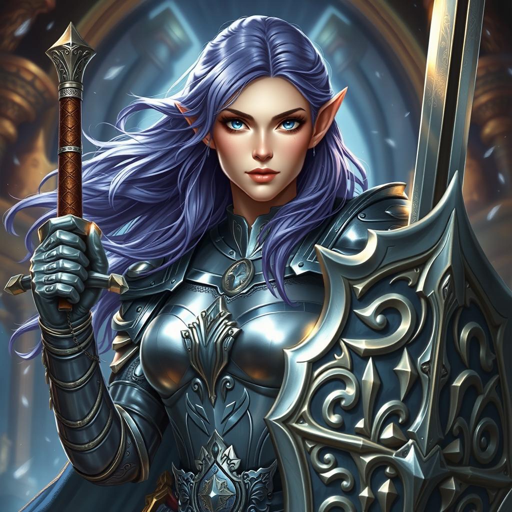 A formidable female half-elf paladin, notable for her piercing blue eyes and purplish grey hair that flows elegantly