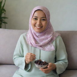 A 35-year-old Malay woman with a flowery hijab and a plain pastel blouse, sitting on a sofa, holding a spoon of dried olives, and smiling.