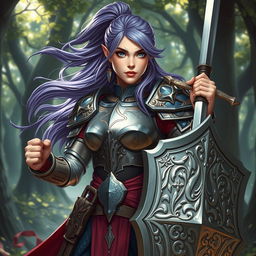 A powerful female half-elf paladin showcasing her striking blue eyes and flowing purplish grey hair, tied back to emphasize her fierce expression