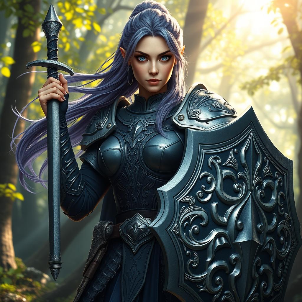 A powerful female half-elf paladin showcasing her striking blue eyes and flowing purplish grey hair, tied back to emphasize her fierce expression