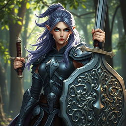 A powerful female half-elf paladin showcasing her striking blue eyes and flowing purplish grey hair, tied back to emphasize her fierce expression