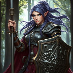 A powerful female half-elf paladin showcasing her striking blue eyes and flowing purplish grey hair, tied back to emphasize her fierce expression