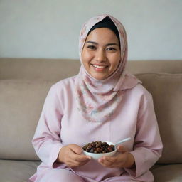 A 35-year-old Malay woman with a flowery hijab and a plain pastel blouse, sitting on a sofa, holding a spoon of dried olives, and smiling.