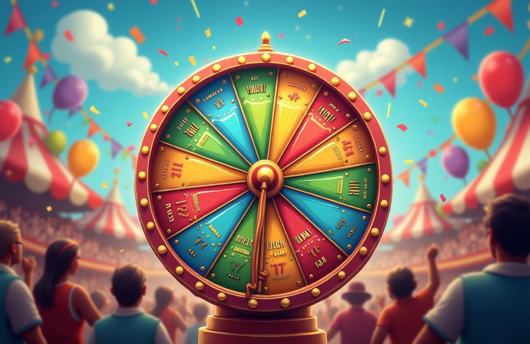 A vibrant, colorful spinning wheel with various sections marked with different prizes, surrounded by excitement