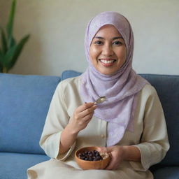 A 35-year-old Malay woman with a flowery hijab and a plain pastel blouse, sitting on a sofa, holding a spoon of dried olives, and smiling.