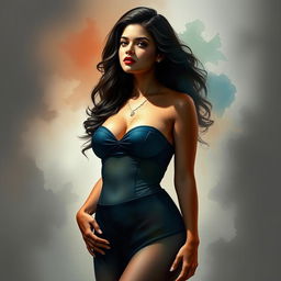 A stylized artistic portrayal of a confident young woman with an air of elegance and grace, inspired by Selena Gomez, set against a dramatic backdrop