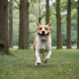 A cheerful, energetic dog running in a lush, green park with tall trees.