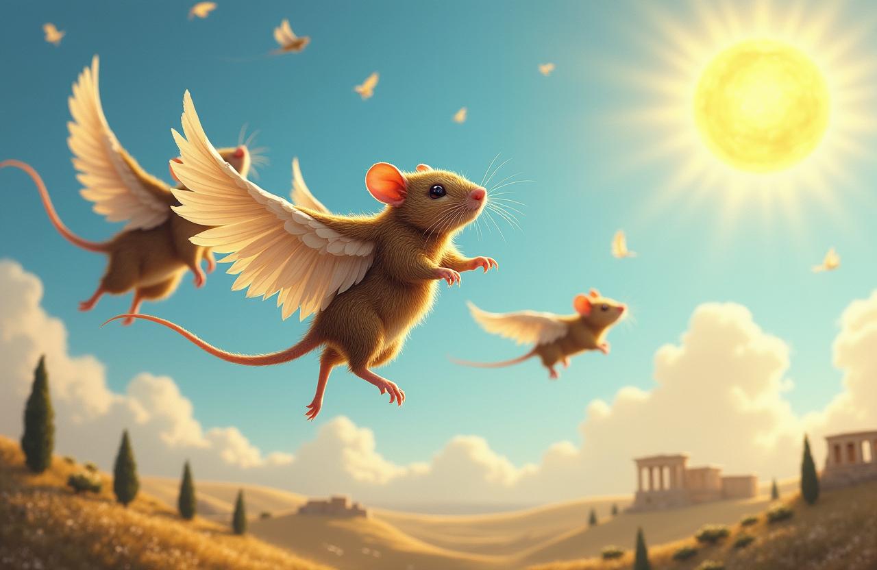 Three blind mice dressed in whimsical, ancient Greek attire, exploring the tale of Icarus