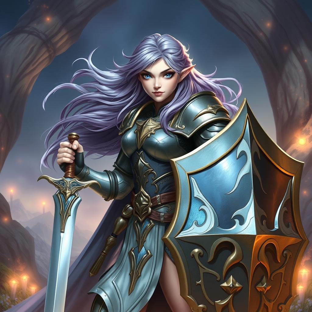 A powerful female half-elf paladin, distinguished by her striking blue eyes and flowing purplish grey hair, is depicted in an impressive stance wearing beautifully crafted armor