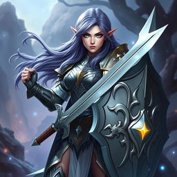 A powerful female half-elf paladin, distinguished by her striking blue eyes and flowing purplish grey hair, is depicted in an impressive stance wearing beautifully crafted armor