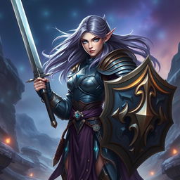 A powerful female half-elf paladin, distinguished by her striking blue eyes and flowing purplish grey hair, is depicted in an impressive stance wearing beautifully crafted armor