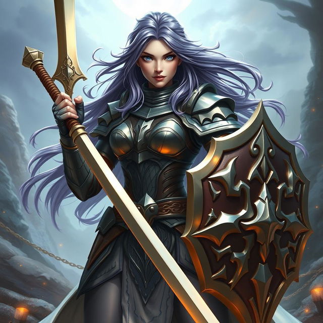 A powerful female half-elf paladin, distinguished by her striking blue eyes and flowing purplish grey hair, is depicted in an impressive stance wearing beautifully crafted armor