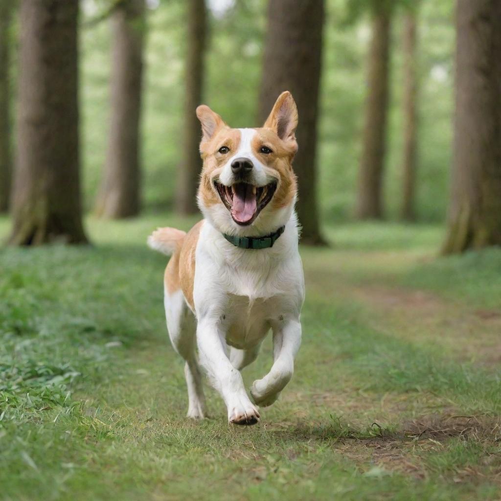 A cheerful, energetic dog running in a lush, green park with tall trees.