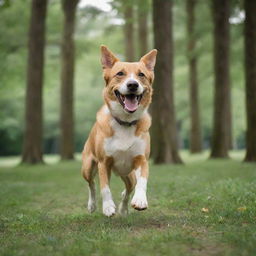 A cheerful, energetic dog running in a lush, green park with tall trees.