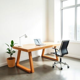 A minimalistic office space with a clean design, featuring a sleek desk made of natural wood, a comfortable ergonomic chair, and a large window allowing natural light to flood in