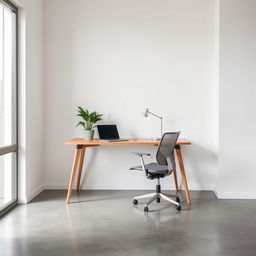 A minimalistic office space with a clean design, featuring a sleek desk made of natural wood, a comfortable ergonomic chair, and a large window allowing natural light to flood in