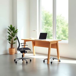 A minimalistic office space with a clean design, featuring a sleek desk made of natural wood, a comfortable ergonomic chair, and a large window allowing natural light to flood in