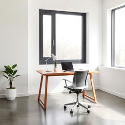 A minimalistic office space with a clean design, featuring a sleek desk made of natural wood, a comfortable ergonomic chair, and a large window allowing natural light to flood in