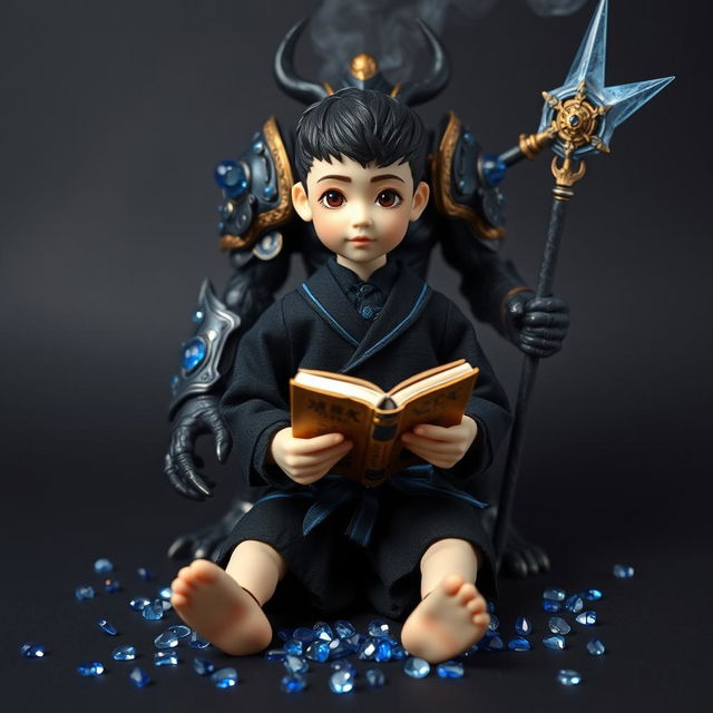 Against a black background, in the center, there is a porcelain male doll with Asian features, dressed in a black school uniform, sitting while holding a vintage book