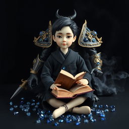 Against a black background, in the center, there is a porcelain male doll with Asian features, dressed in a black school uniform, sitting while holding a vintage book