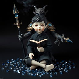 Against a black background, in the center, there is a porcelain male doll with Asian features, dressed in a black school uniform, sitting while holding a vintage book